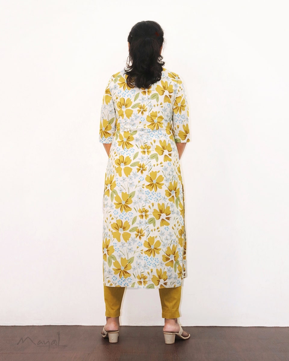 Saffron Yellow Floral Printed Kurta