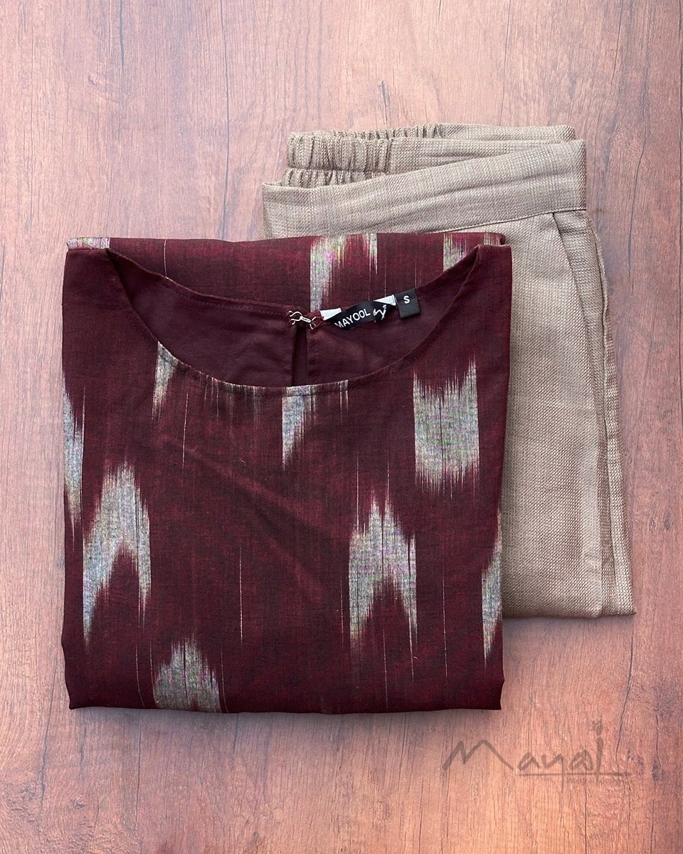 Maroon Patterned A-line Cotton Kurta