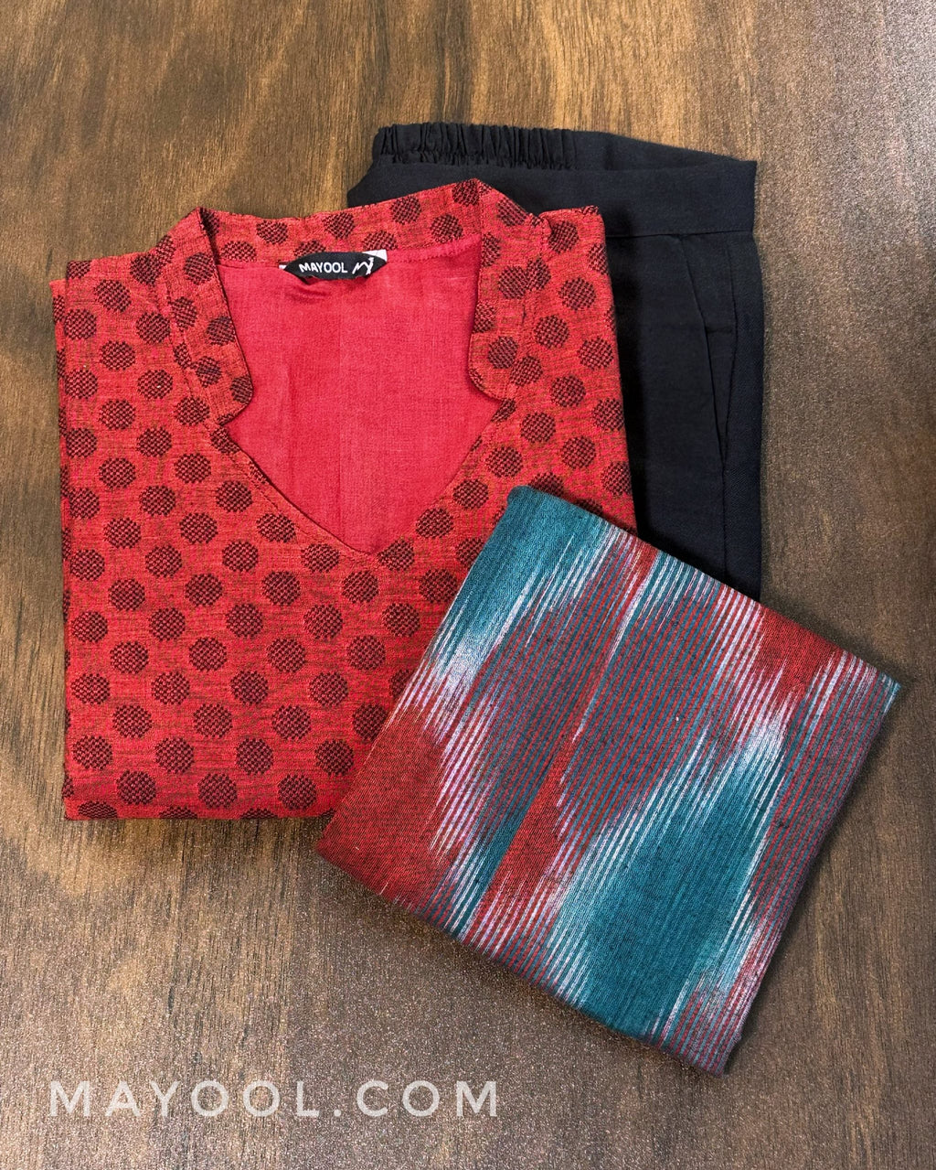 Cherry Red Self Design Jacquard Cotton Kurta