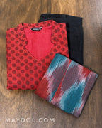 Cherry Red Self Design Jacquard Cotton Kurta