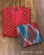 Cherry Red Self Design Jacquard Cotton Kurta