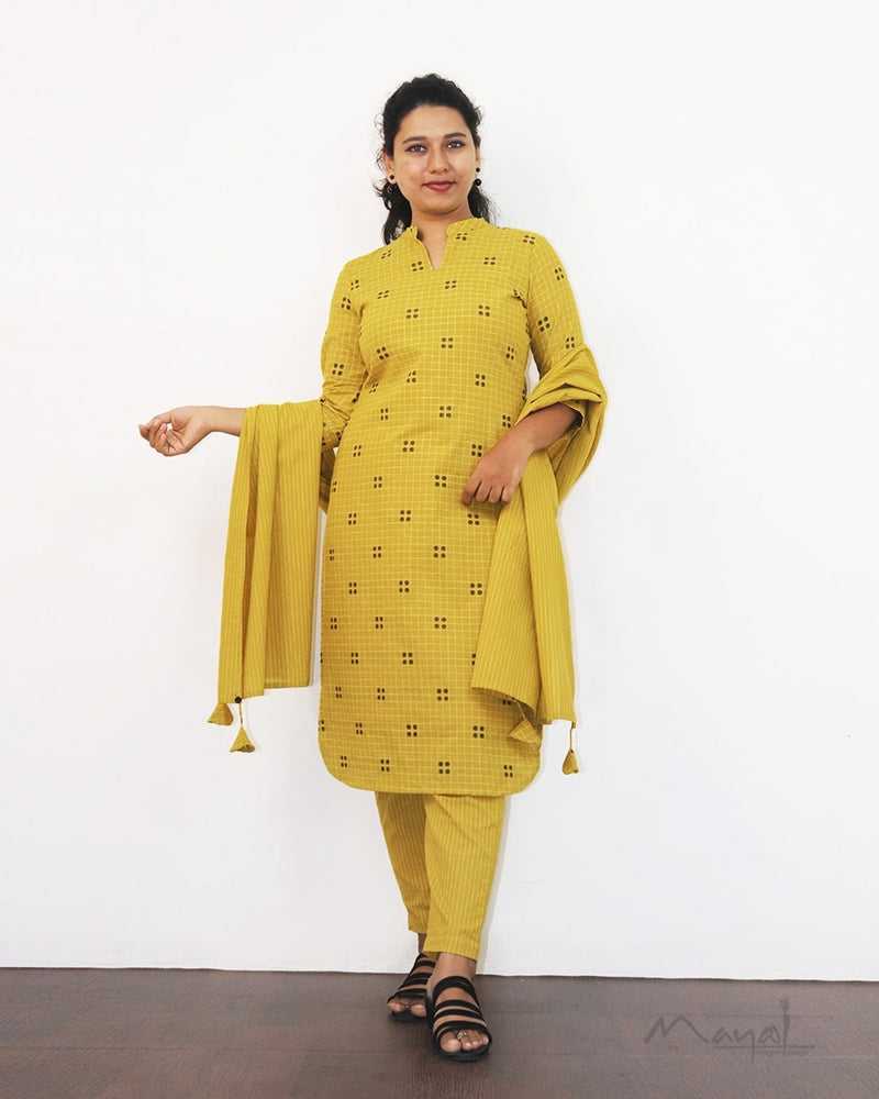 Saffron Yellow Self Design Cotton Kurta