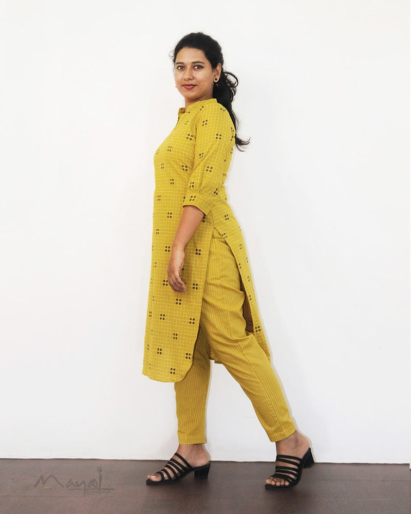 Saffron Yellow Self Design Cotton Kurta