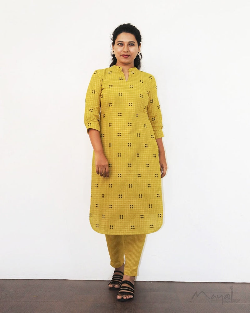 Saffron Yellow Self Design Cotton Kurta