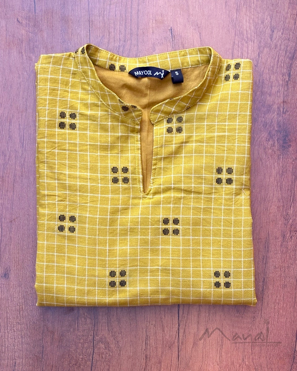 Saffron Yellow Self Design Cotton Kurta