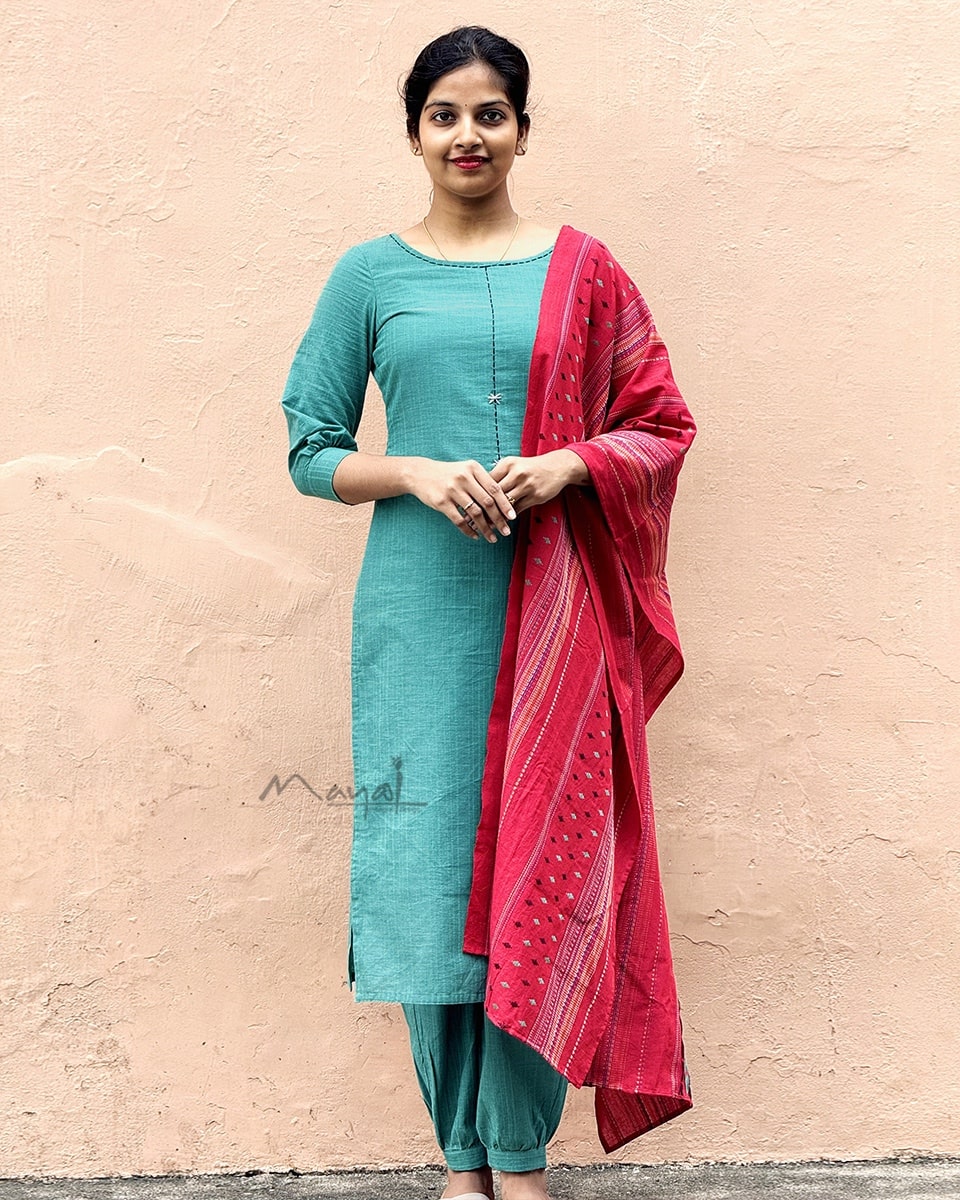 Aqua Blue Cotton Kurta With Minimal Embroidery