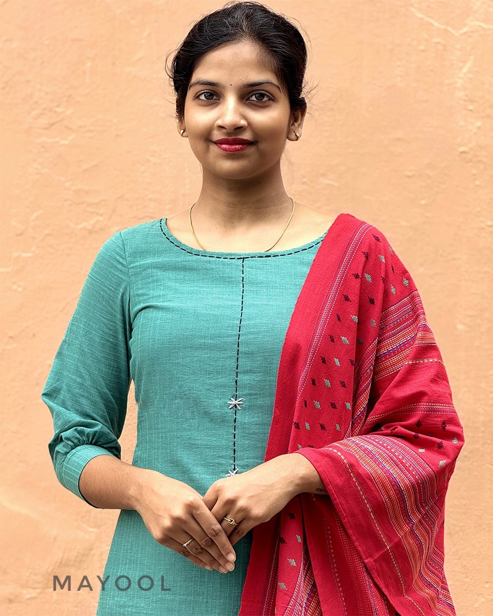 Aqua Blue Cotton Kurta With Minimal Embroidery