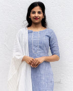 Glaucous Blue Cotton Kurta With Dupatta