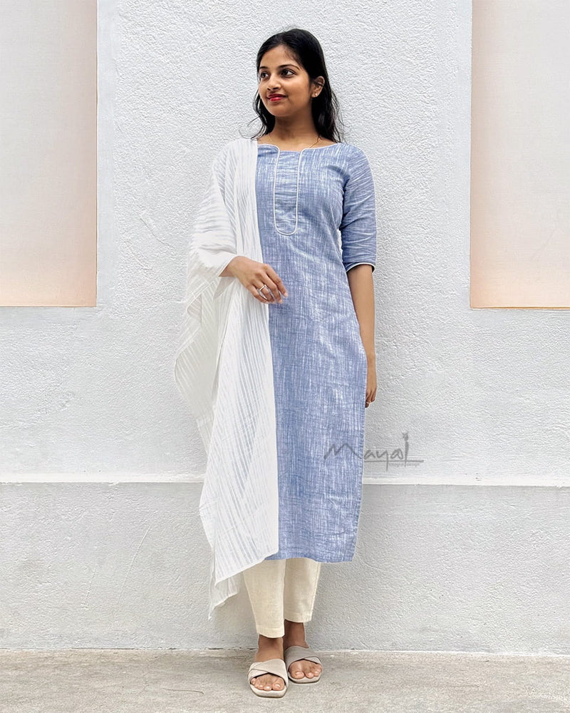 Glaucous Blue Cotton Kurta With Dupatta
