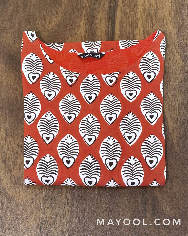 Matte Orange Handblock Printed Cotton Kurta Set