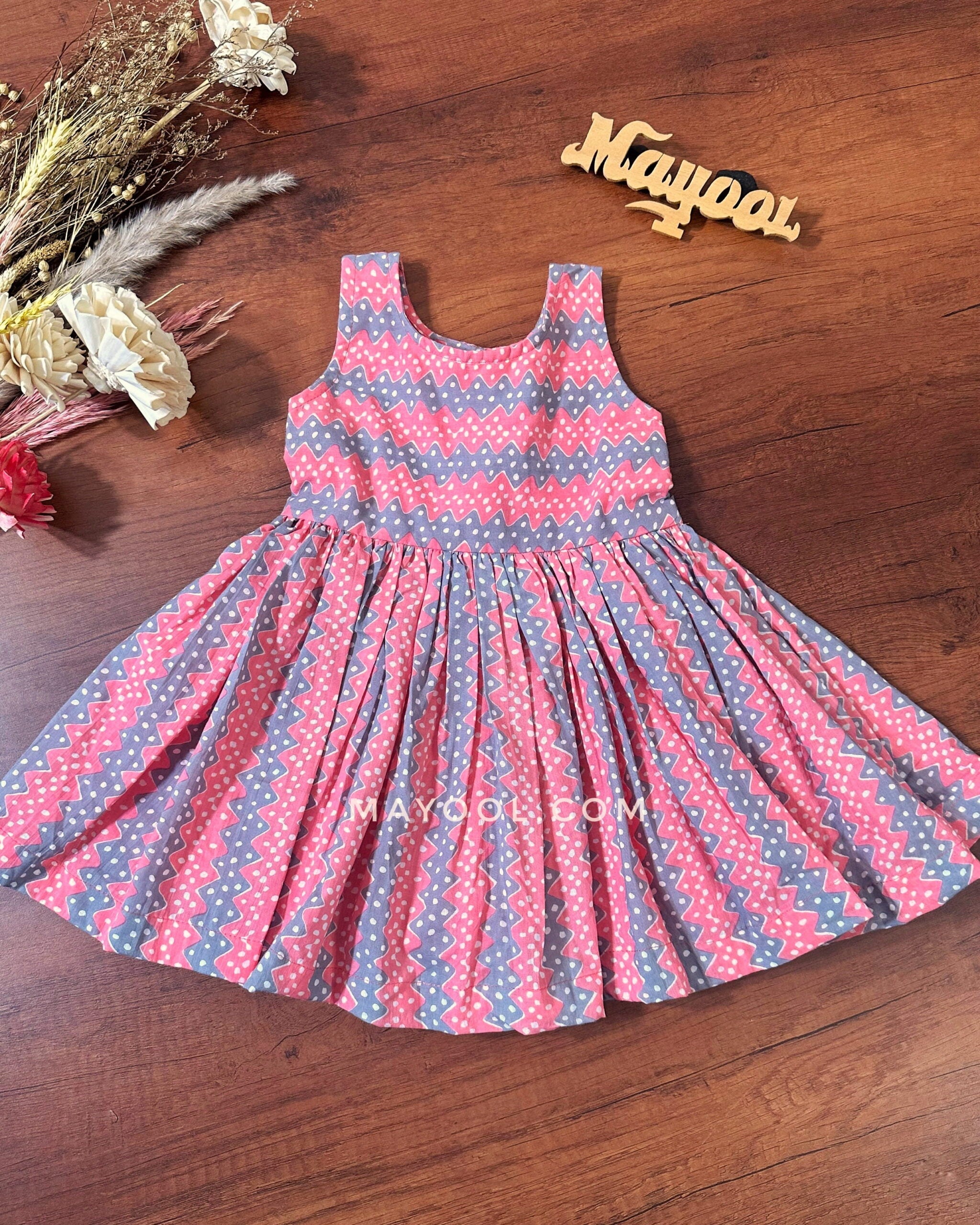 Pink Grey Printed Kids Frock