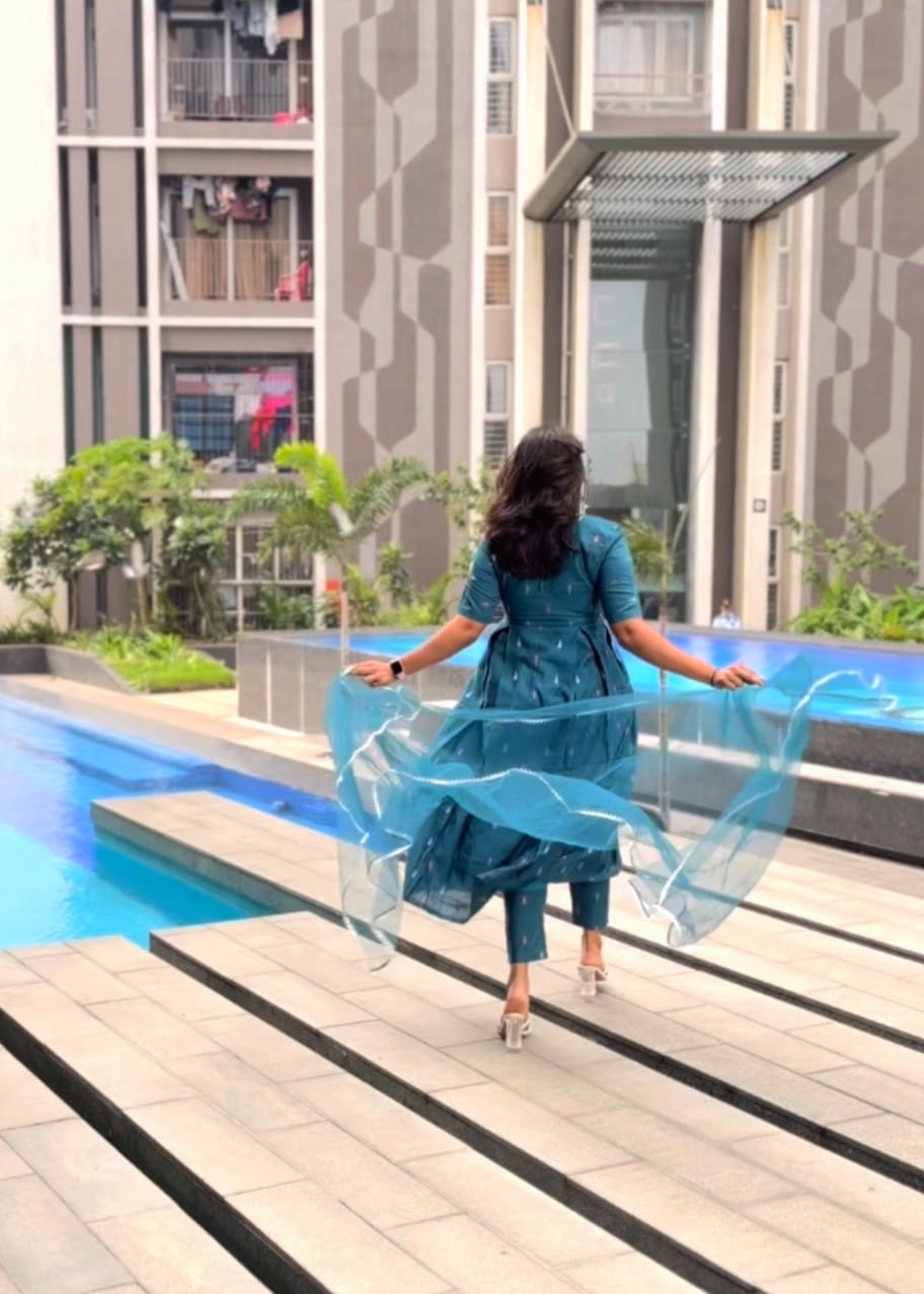 Peacock Blue Silk Cotton Anarkali Dresses