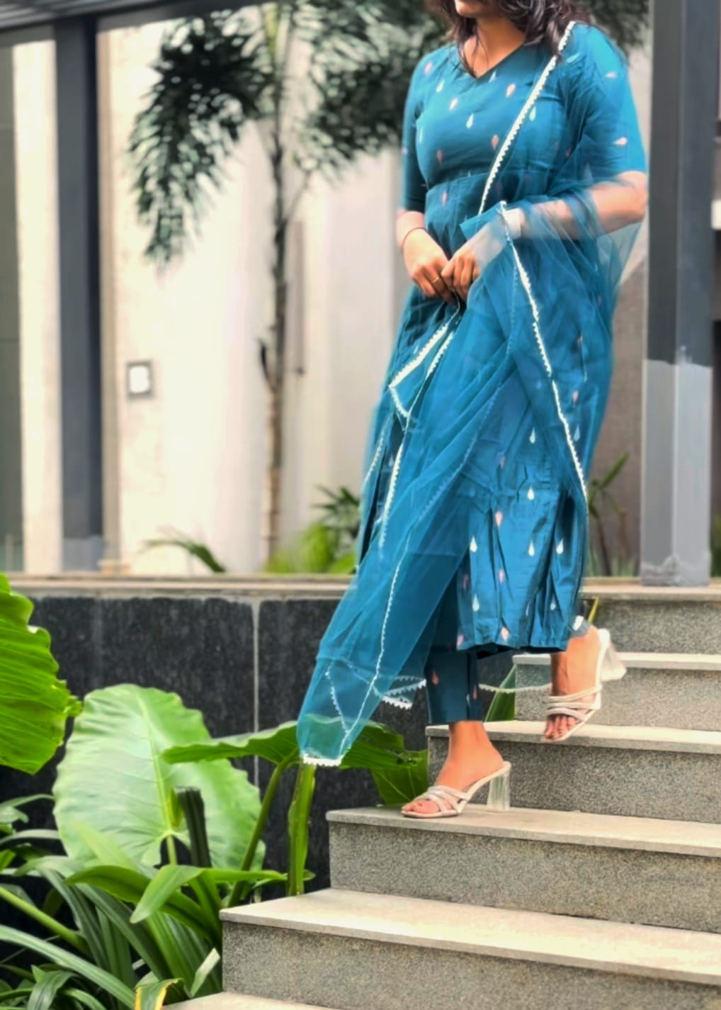 Peacock Blue Silk Cotton Anarkali Dresses