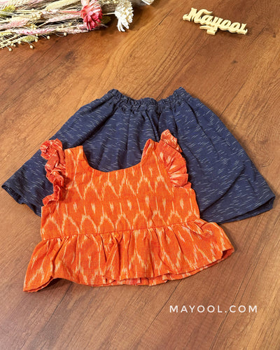 Orange Ikat Kids Tunic Top & Indigo Blue Skirt