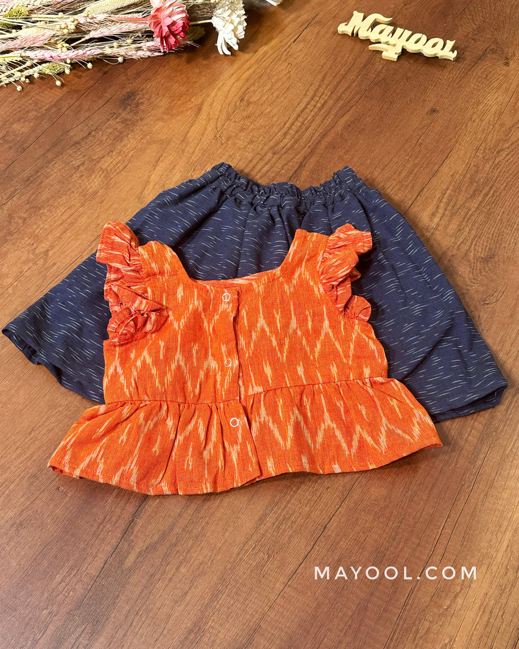 Orange Ikat Kids Tunic Top & Indigo Blue Skirt