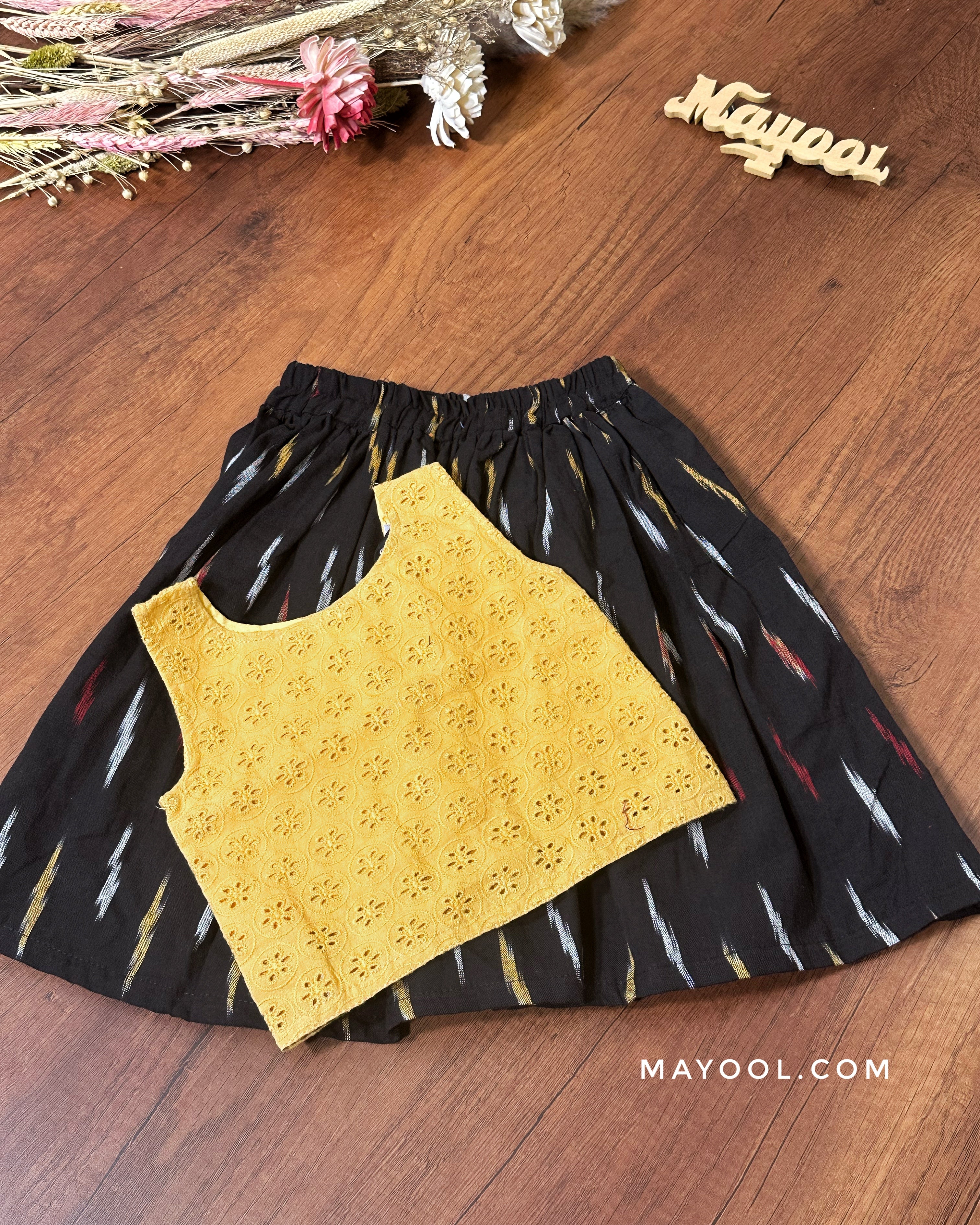 Yellow Hakoba Kids Tunic Top & Black Ikat Kids Skirt