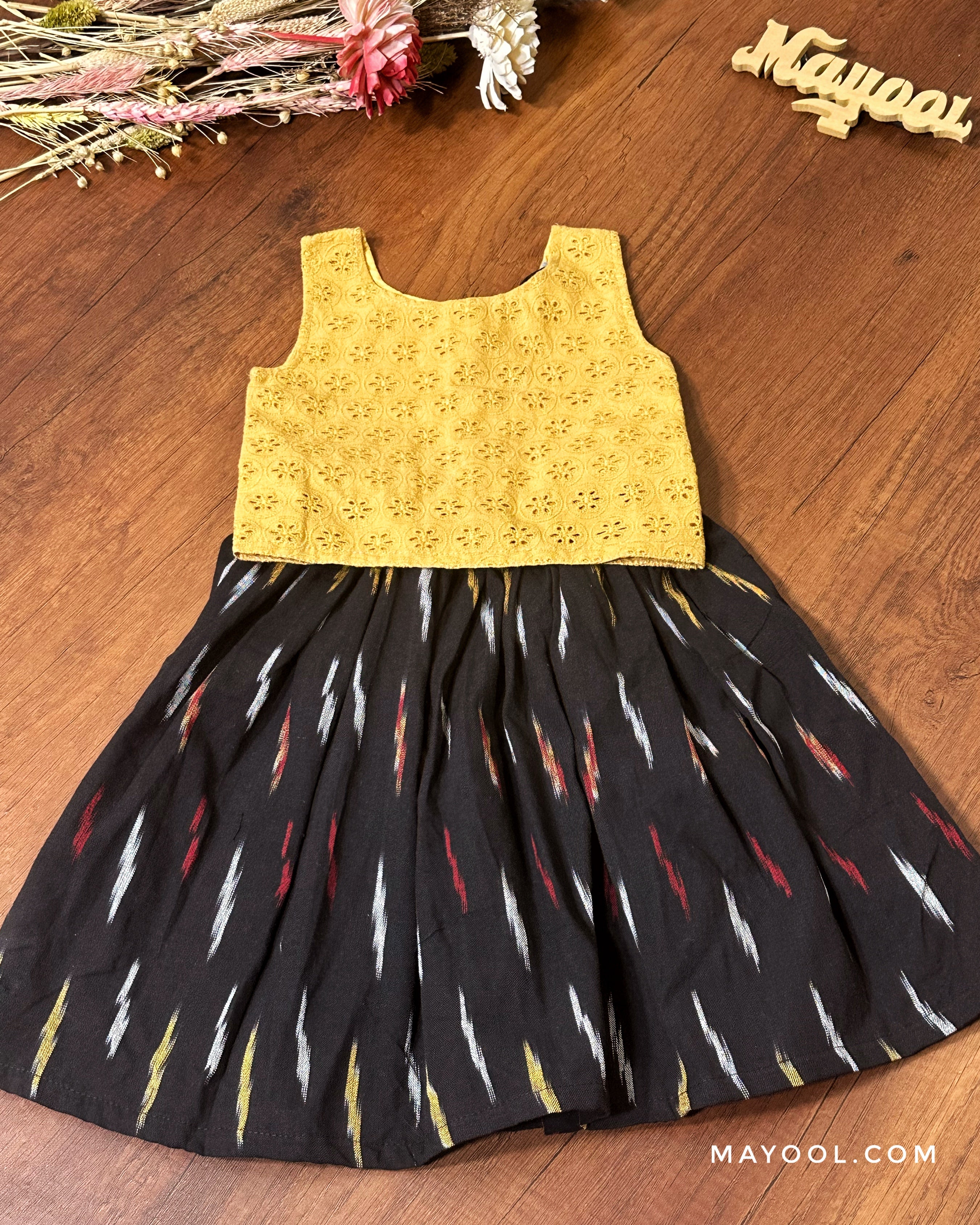 Yellow Hakoba Kids Tunic Top & Black Ikat Kids Skirt