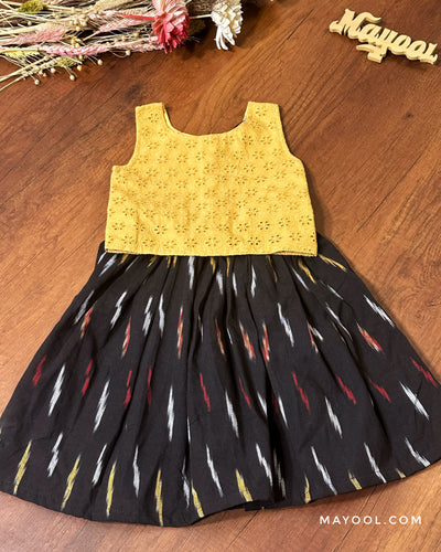 Yellow Hakoba Kids Tunic Top & Black Ikat Kids Skirt