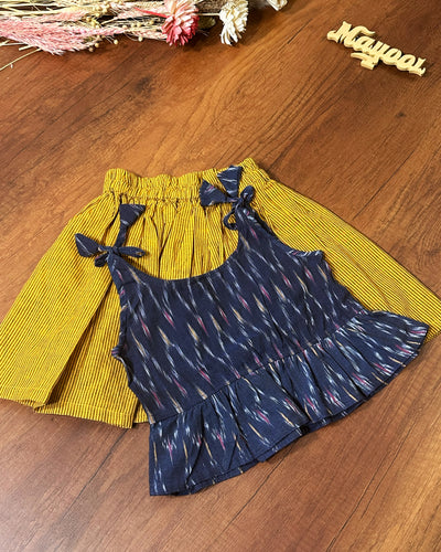 Yale Blue Ikat Kids Tunic Top & Ochre Yellow Kids Skirt