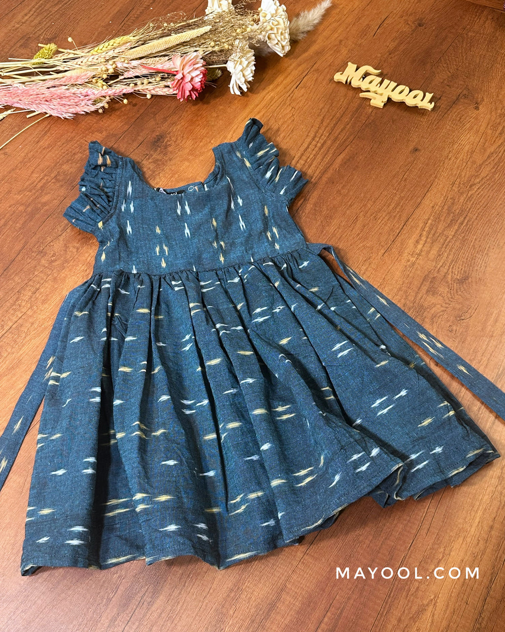 Teal Blue Ikat Cotton Kids Frock