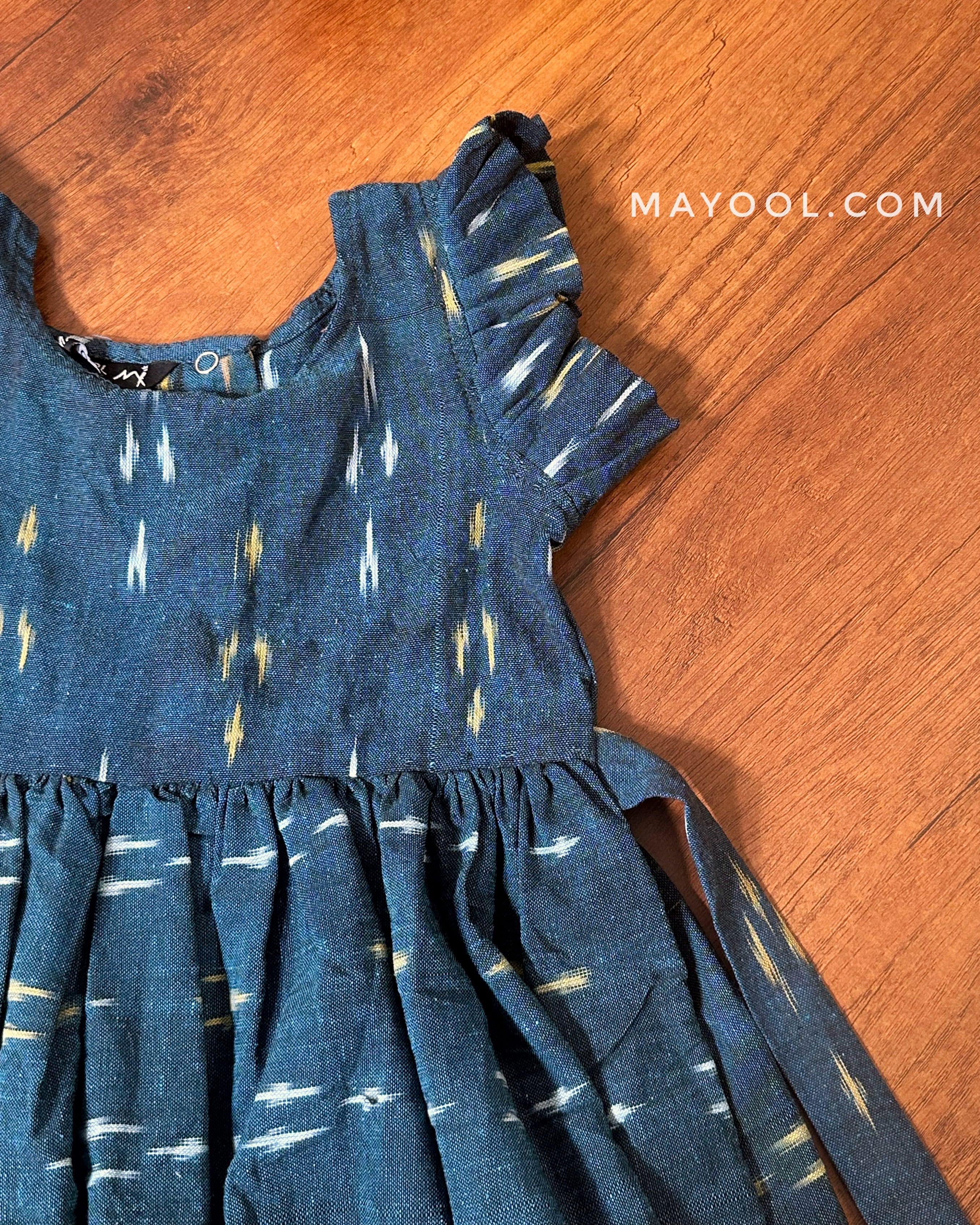 Teal Blue Ikat Cotton Kids Frock