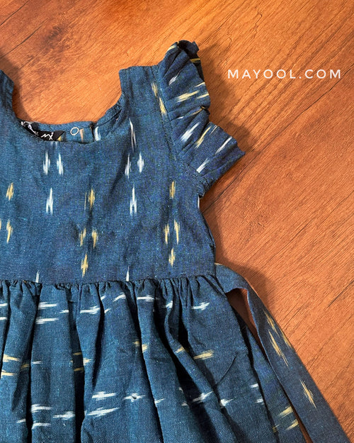 Teal Blue Ikat Cotton Kids Frock