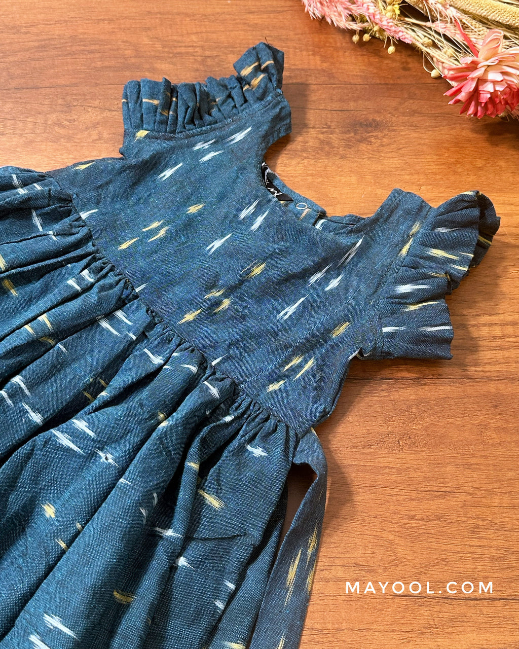 Teal Blue Ikat Cotton Kids Frock