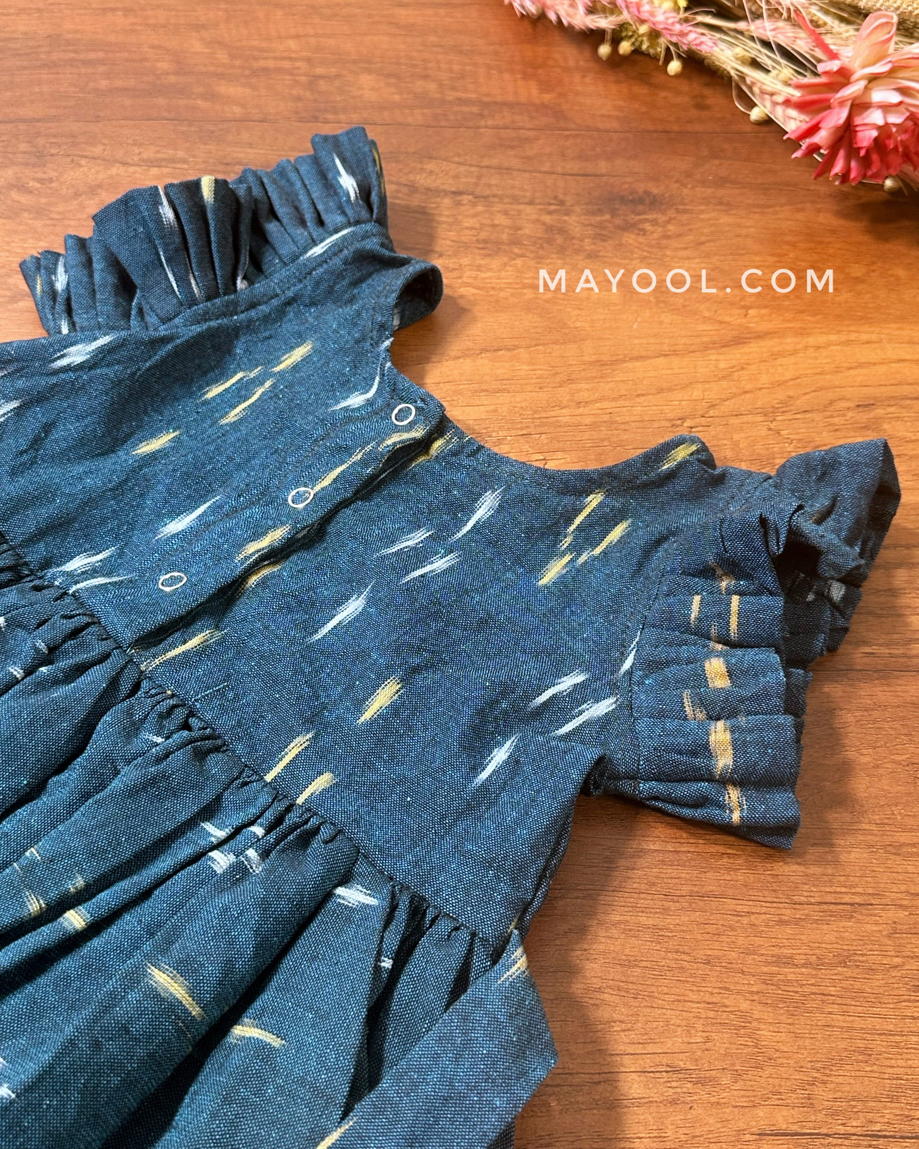 Teal Blue Ikat Cotton Kids Frock