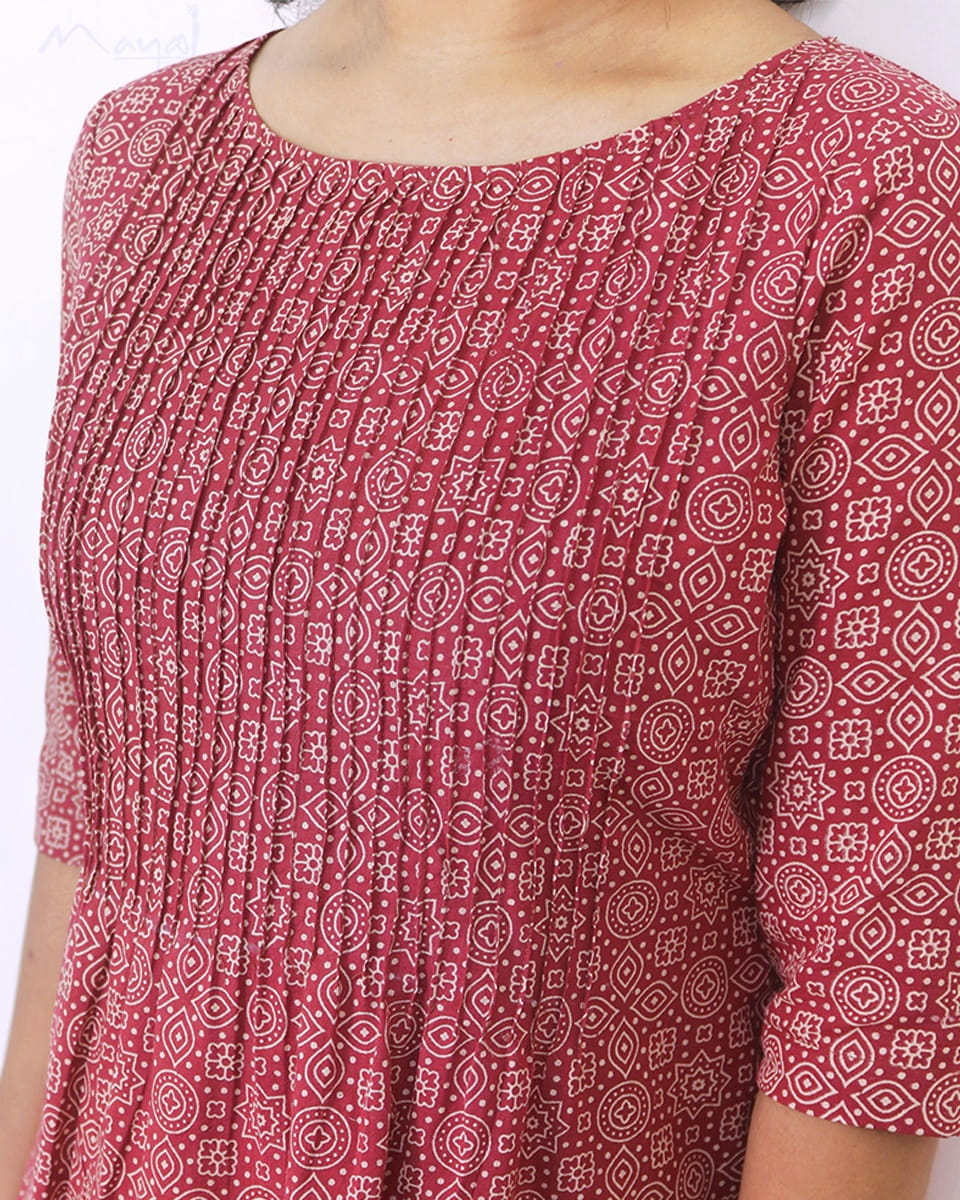 Red A-line Printed Cotton Short Top