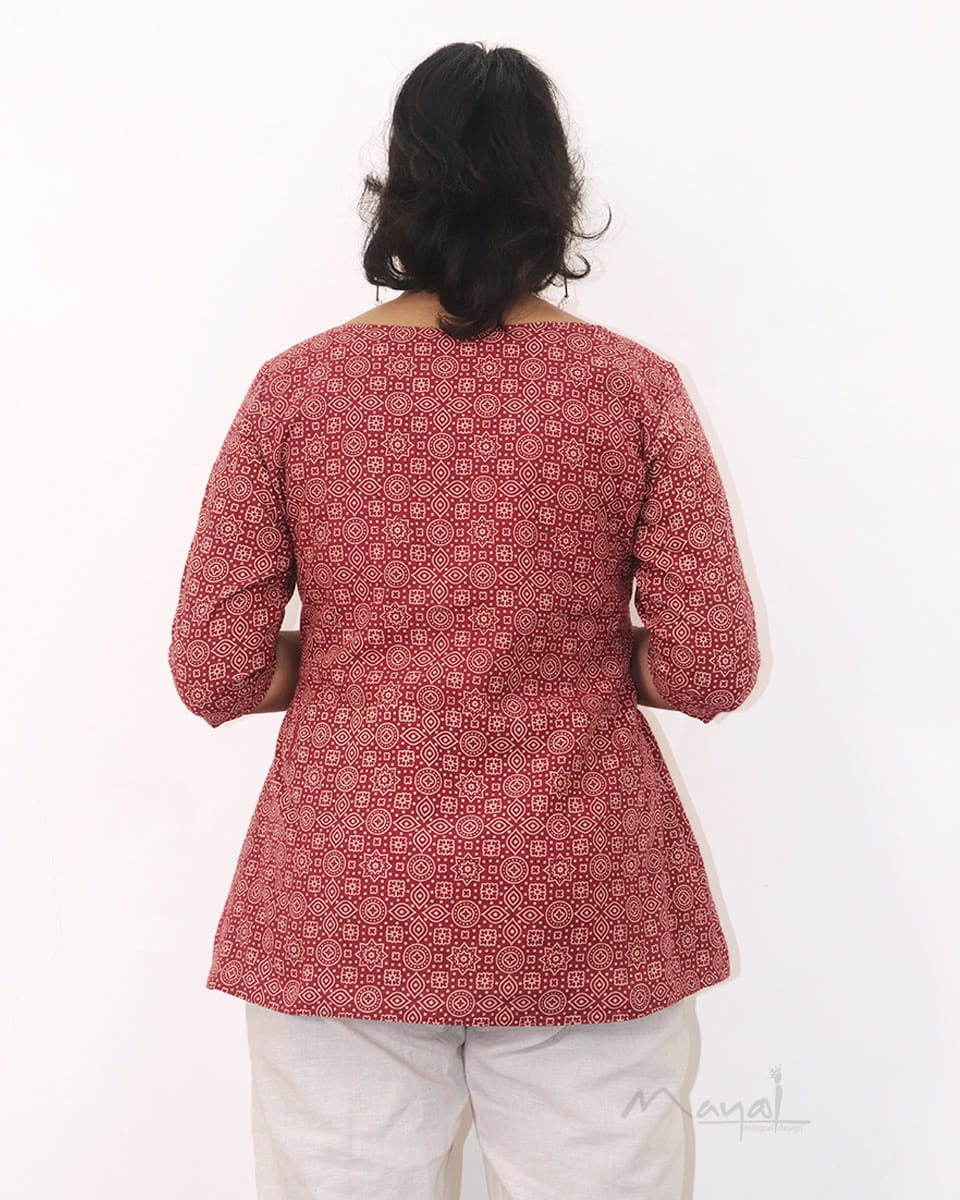 Red A-line Printed Cotton Short Top
