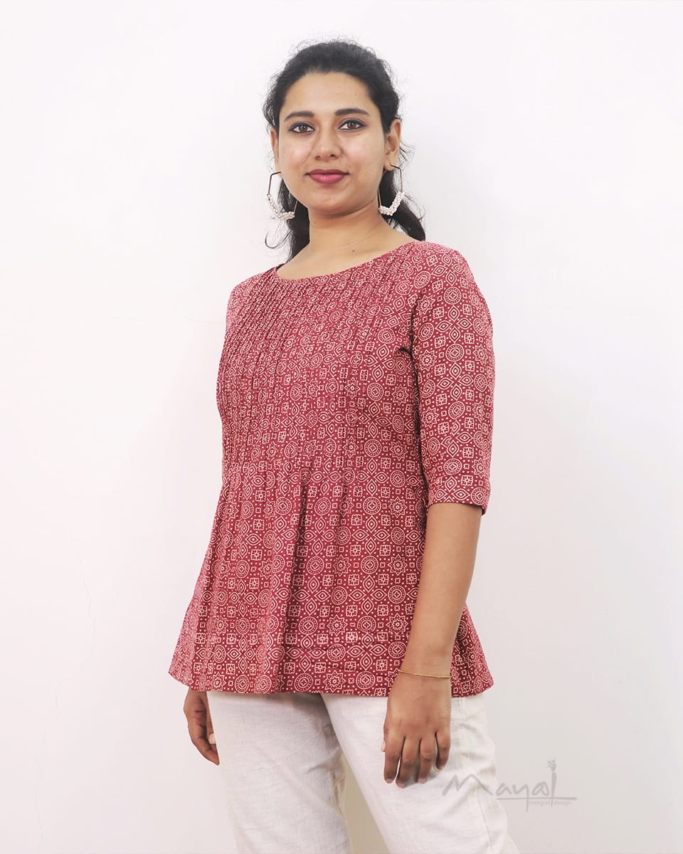 Red A-line Printed Cotton Short Top