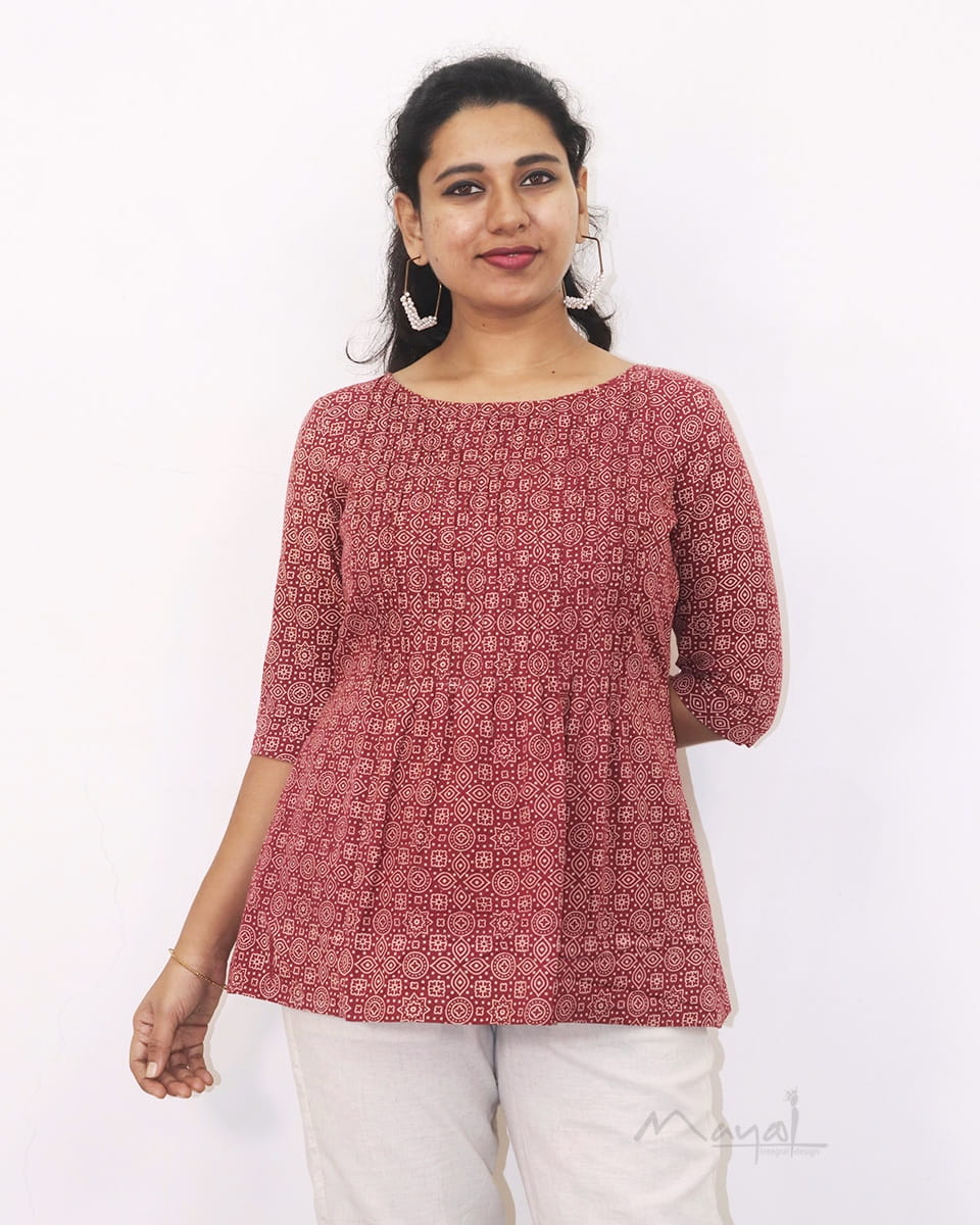 Red A-line Printed Cotton Short Top