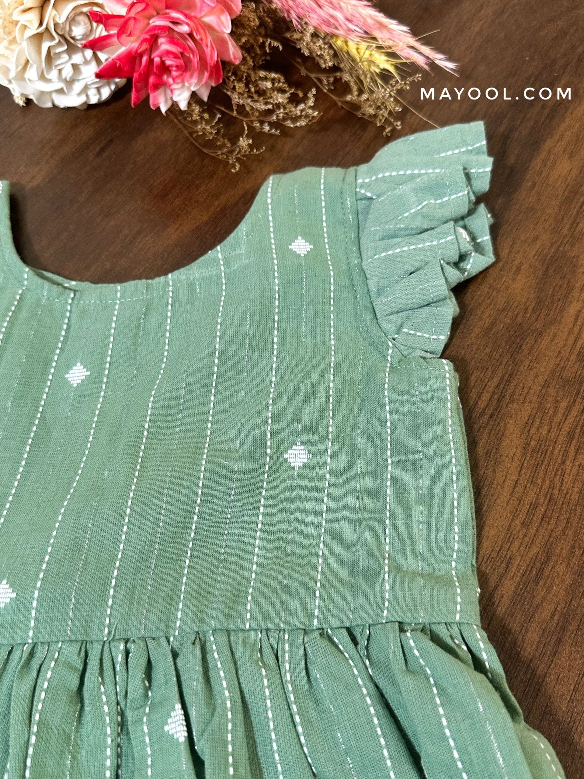 Sage Green Self Cotton Kids Frock