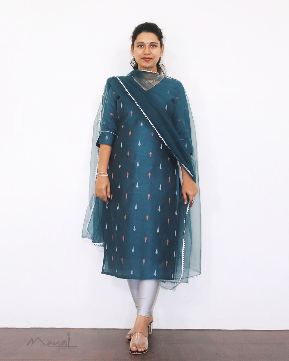Peacock Blue Silk Cotton Kurta
