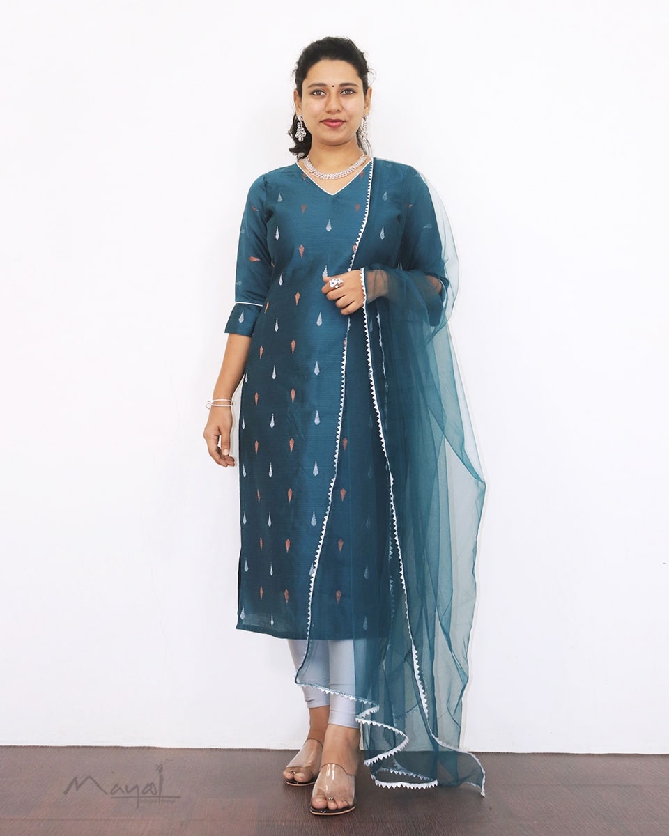 Peacock Blue Silk Cotton Kurta