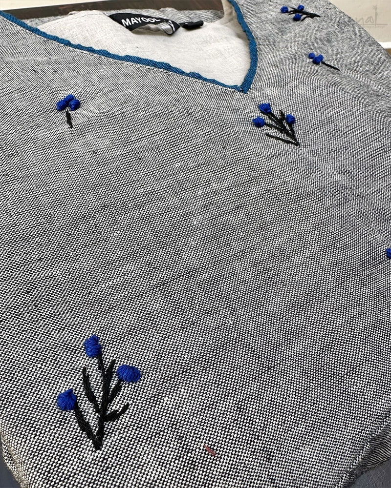 Grey Blue Minimal Embroidery Flare Dresses