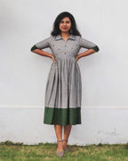 Grey Green Minimal Embroidery Flare Dresses