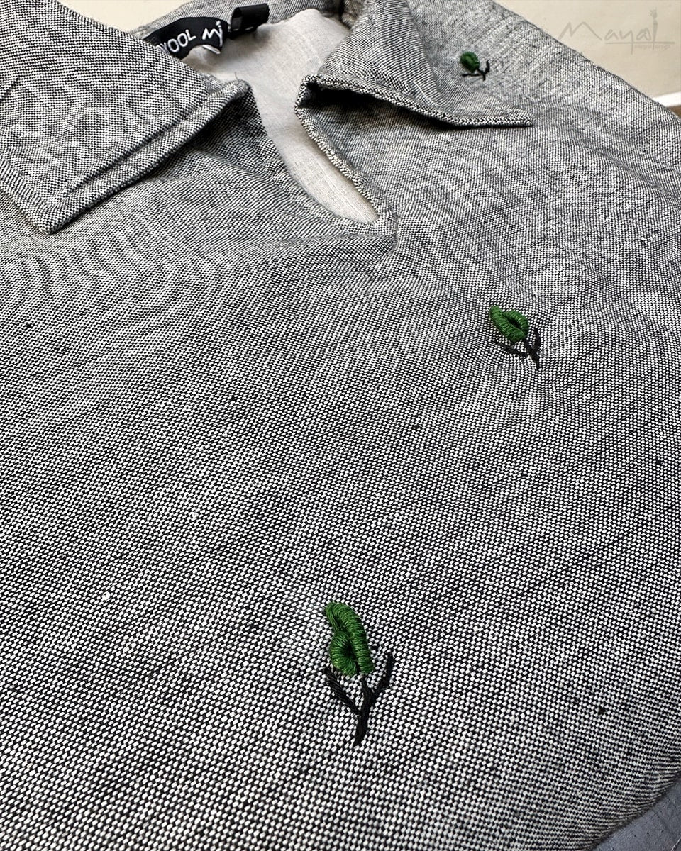 Grey Green Minimal Embroidery Flare Dresses