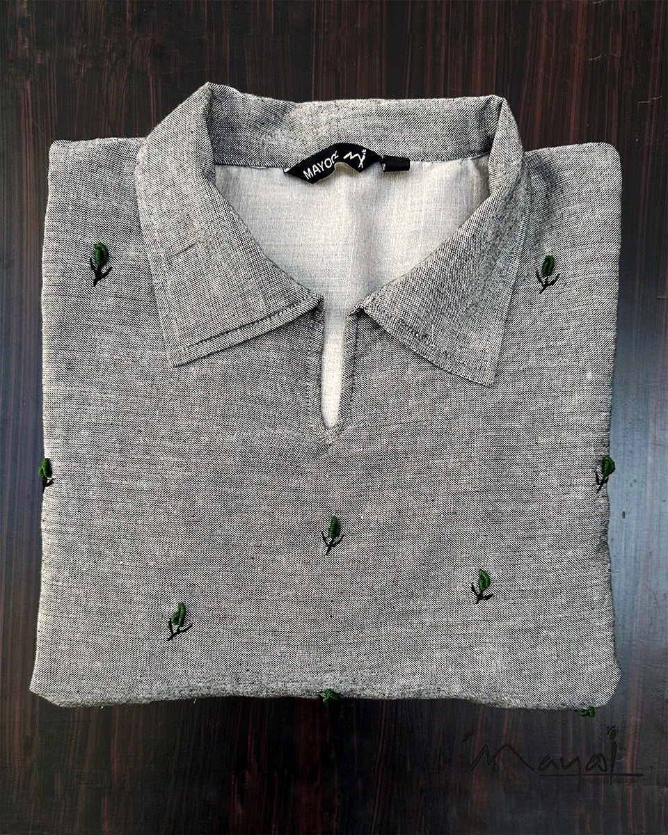 Grey Green Minimal Embroidery Flare Dresses