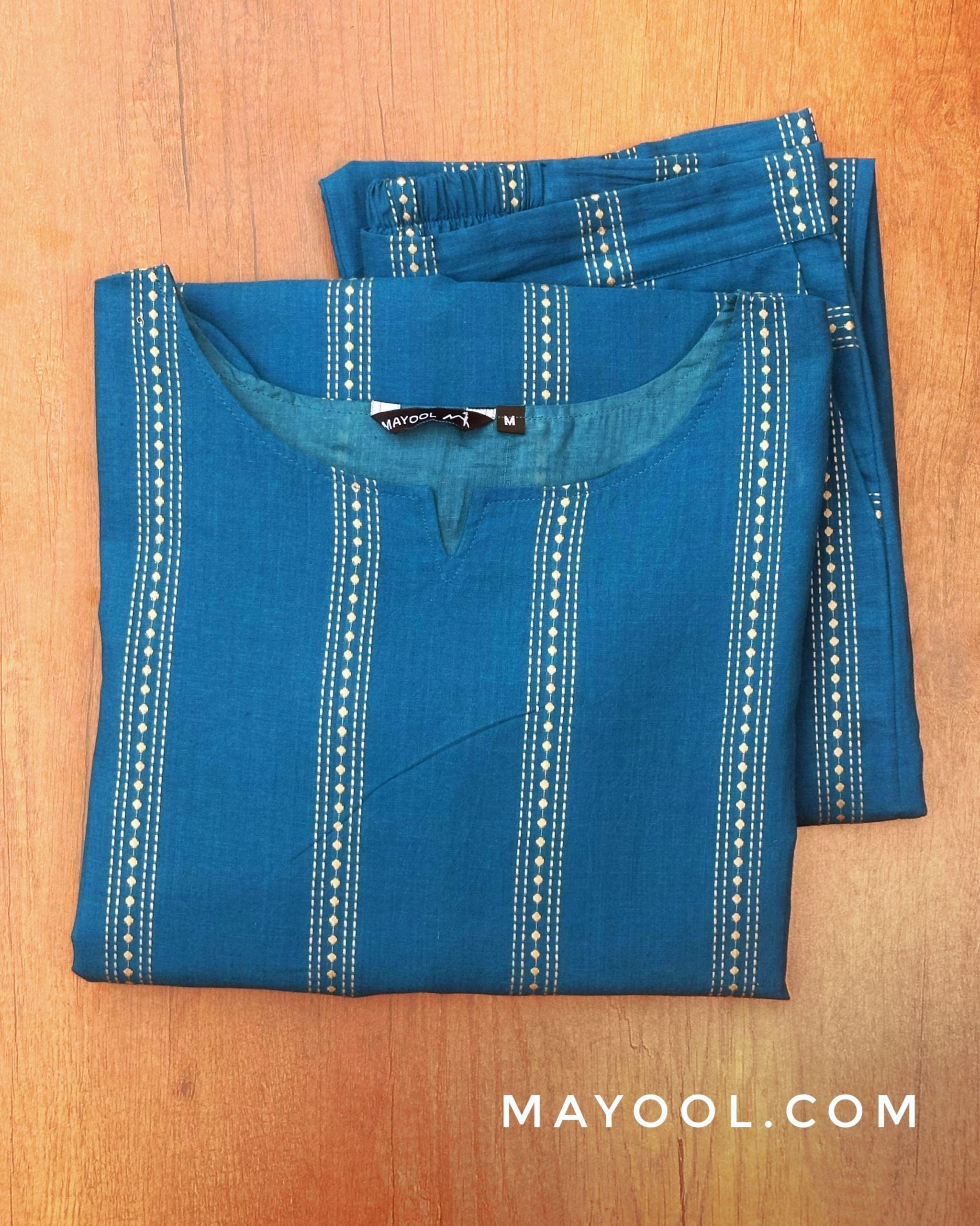 Sapphire Blue Self Design Jacquard Cotton Kurta
