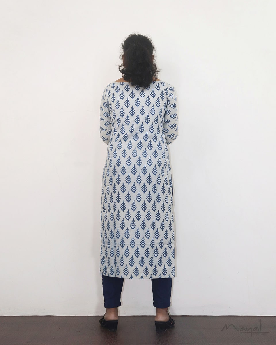 Indigo White Handblock Print Mul Cotton Kurta
