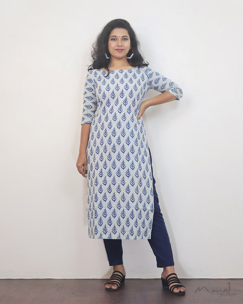 Indigo White Handblock Print Mul Cotton Kurta