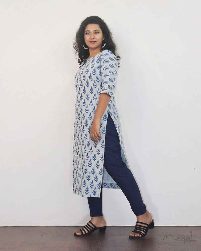 Indigo White Handblock Print Mul Cotton Kurta