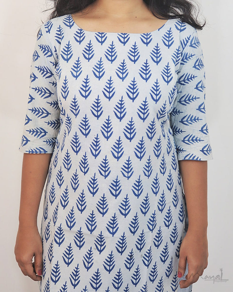 Indigo White Handblock Print Mul Cotton Kurta