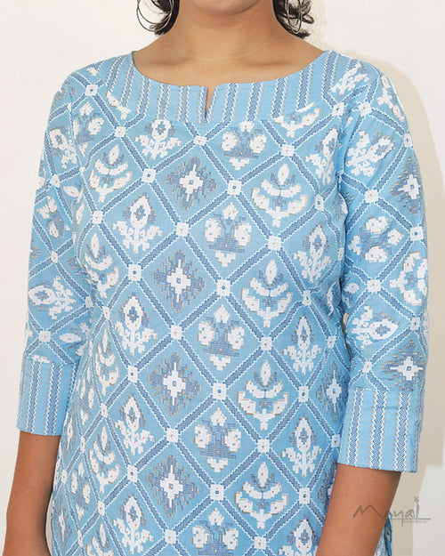 Pastel Blue Printed Cotton Kurta