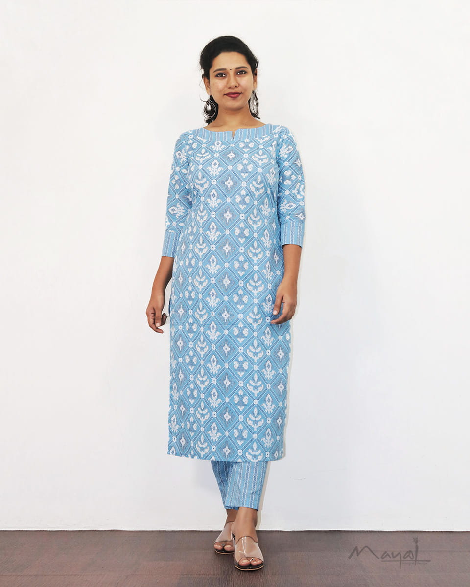 Pastel Blue Printed Cotton Kurta