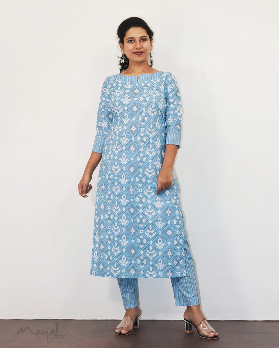 Pastel Blue Printed Cotton Kurta