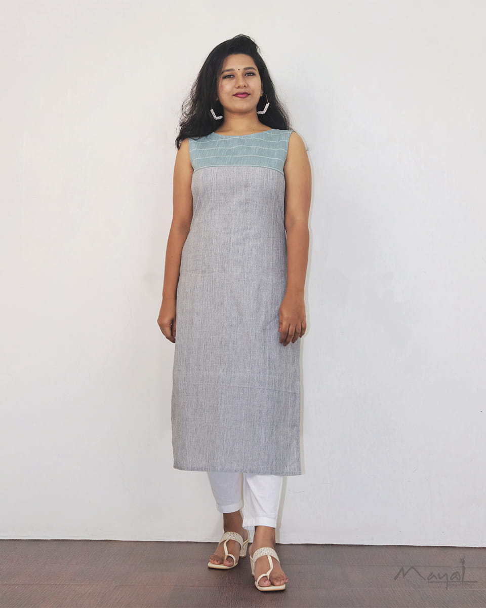 Light Grey Sleeveless Patchwork Cotton Kurta
