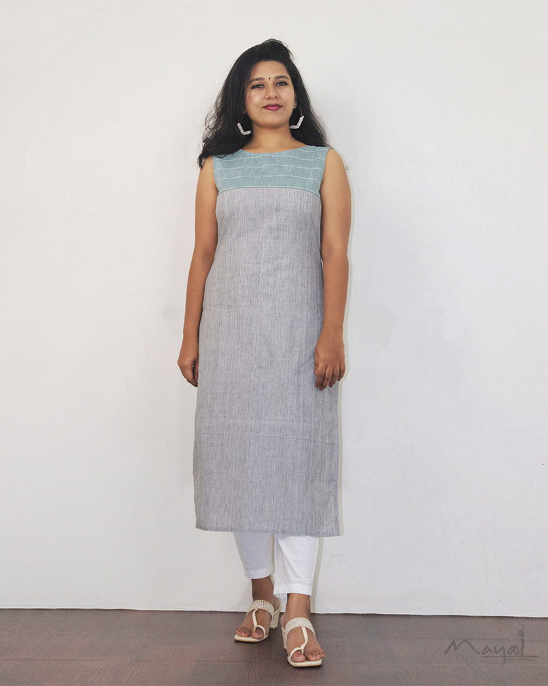 Light Grey Sleeveless Patchwork Cotton Kurta