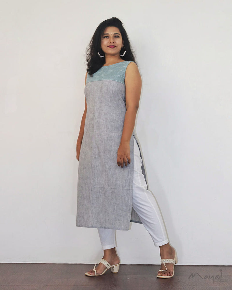 Light Grey Sleeveless Patchwork Cotton Kurta